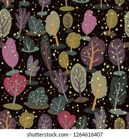 Seamless pattern with trees and stars. Dark background.  