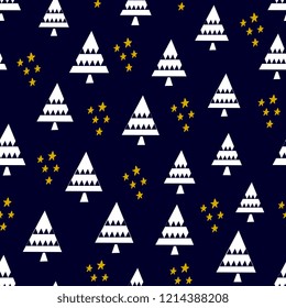 Seamless pattern with trees and stars in white and gold on dark blue background. Cute Christmas design.