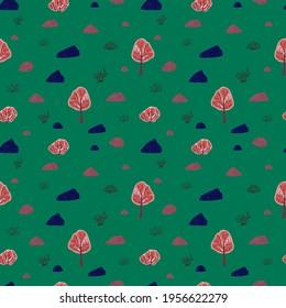 Seamless pattern trees and stones on green background. Abstract decoration pattern from trees, rocks and bushes. Fashion of autumn for print. Vector illustration design.