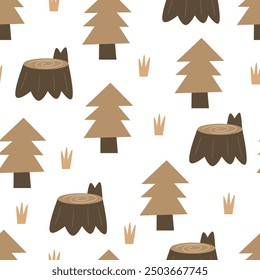 Seamless pattern with trees, stump. Colorful vector flat for kids. hand drawing. baby design for fabric, print, wrapper, textile