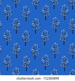 Seamless pattern with trees, vector. Graphic silhouettes of trees. Ornament of snow-covered trees on a blue background