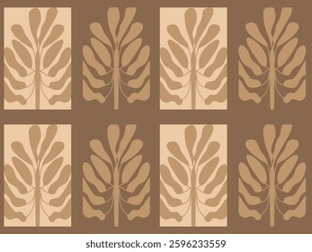 Seamless pattern of trees and wheat ears with floral and nature elements in a vintage style design
