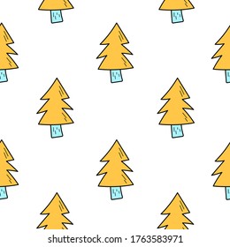 Seamless pattern of trees. Yellow Christmas trees and blue trunks. Bright trees.White background.