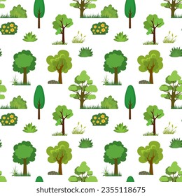 Seamless pattern with trees,grass and bushes. Cartoon texture with green plants. Natural flora elements on white background. Decoration template. Flat vector illusration 