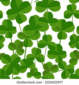 Seamless pattern with trefoil and four-leaf clever leaves. Vector illustration. Perfect design for Saint Patric day decoration