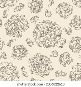 Seamless pattern with tremella fuciformis: piece of mushroom, tremella fuciformis mushrooms. Vector hand drawn Mushroom illustrations