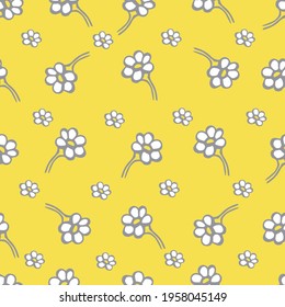 Seamless pattern in trending colors 2021 on a yellow background with daisies. Hand-drawn elements, simple flowers of camomile.