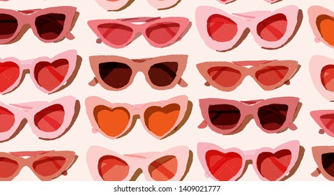 Seamless pattern Trending glasses in nude shades of different shapes on a gently beige background