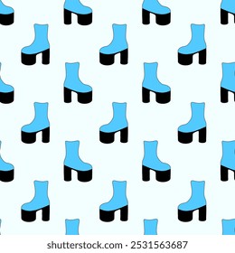 Seamless Pattern with trendy 1980 retro disco blue boot. Vintage shoe. Vector flat illustration.