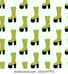 Seamless Pattern. Trendy 1980 retro green disco boot with flower design. Vintage shoe. Vector flat illustration.