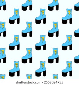 Seamless Pattern. Trendy 1980 retro blue disco boot with lightning design. Vintage shoe. Vector flat illustration.