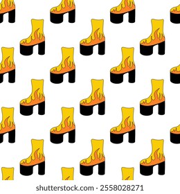 Seamless Pattern. Trendy 1980 retro yellow disco boot with flame design. Vintage shoe. Vector flat illustration.