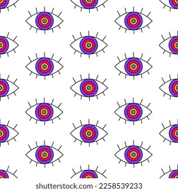 Seamless pattern in trendy 80s-90s style. Colored cartoon eyes on a white background, acid psychedelic.