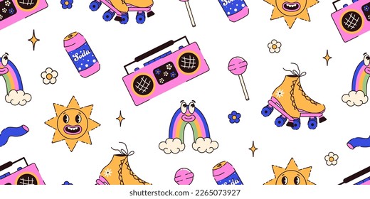Seamless pattern in trendy 90s style. Y2k Bright elements with a retro vibe. Nostalgia for the 80s - 90s. Vector illustration.