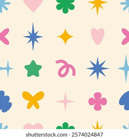 Seamless pattern with trendy abstract figures, stars, flowers and hearts. Y2K design elements, geometric shapes, modern symbols. Trendy vector illustration on light background, hand drawn, flat
