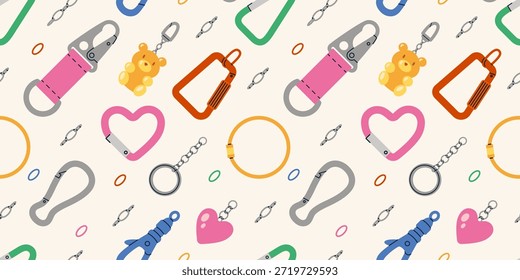 Nahtloses Muster mit trendigen Accessoires wie Karabiner, Schlüsselanhänger und dekorativen Charms. Mode-Accessoire-Konzept. Trendige Vektorgrafik auf hellem Hintergrund, handgezeichnet, flaches Design
