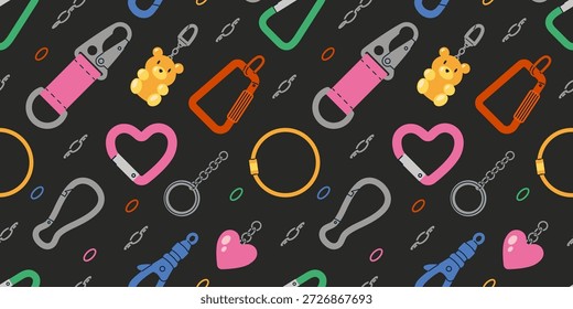 Patrón sin fisuras con accesorios de moda incluyendo mosquetones, llaveros y encantos decorativos. Concepto de accesorios de moda. Ilustración vectorial de moda sobre fondo oscuro, dibujado a mano, diseño plano