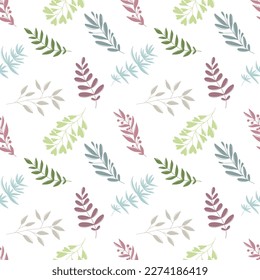 Patrón sin foco con bellas ramas silvestres de moda con hojas en colores pastel violeta, violeta, violeta, ensalada, azul sobre fondo blanco. Ilustración de silueta vectorial dibujada a mano. Botánico, moderno, floral.