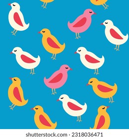 Patrón sin foco con pájaros de moda sobre un fondo azul. Carácter. ilustración de material vectorial. aislado. Antecedentes. Groovy