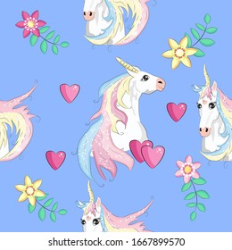 Seamless pattern with trendy cartoon patches. Unicorns, rainbows and hearts