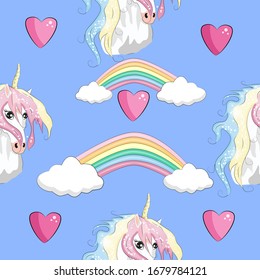 Seamless pattern with trendy cartoon patches. Unicorns, rainbows and hearts