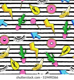 Seamless pattern with trendy cartoon patches. Retro fashion background with elements in 90s style. 