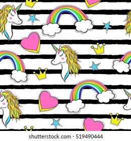 Seamless pattern with trendy cartoon patches. Unicorns, rainbows and hearts. Retro fashion background with elements in 90s style. 