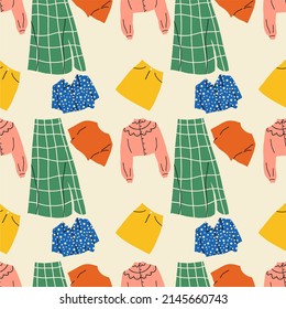 Patrón sin fisuras de ropa moderna, informal y formal. Ropa hipster o trendsetter. Dibujo vectorial colorido de dibujos animados planos.