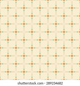 Seamless pattern. Trendy color texture. Bright colourful pattern with regularly repeating geometrical elements, shapes, dots, crossed dotted lines. Backdrop. Web. Vector element of graphic design