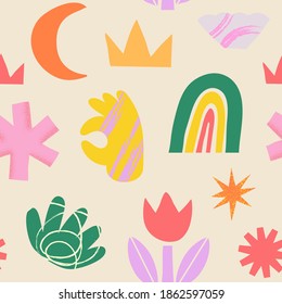 Seamless pattern with trendy contemporary abstract shapes in minimalistic cut out style for textile background, fabric prints, wallpaper, package design. Hand drawn various shapes and doodle objects. 