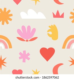 Seamless pattern with trendy contemporary abstract shapes in minimalistic cut out style for textile background, fabric prints, wallpaper, package design. Hand drawn various shapes and doodle objects. 