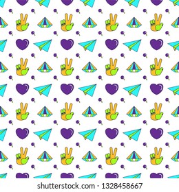 Seamless pattern with trendy cute funny stickers. Flat Outline Vector Background