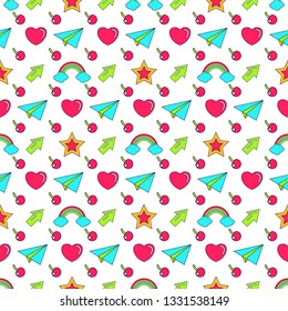 Seamless pattern with trendy cute funny stickers. Flat Outline Vector Background