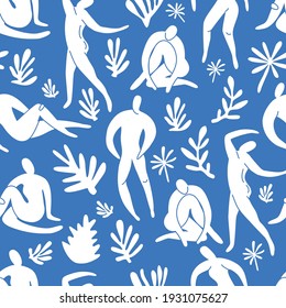 Seamless pattern trendy doodle and abstract nature icons on blue background. Summer collection, unusual shapes in freehand matisse art style. Includes people, floral art.