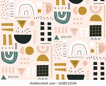 
Seamless pattern with trendy doodles. Set of abstract hand drawn elements. Background with geometric modern shapes