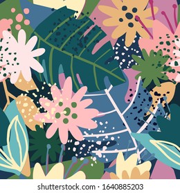 Seamless pattern with trendy exotic floral. Contemporary collage design. Creative tropical hand drawn textures. Modern wallpaper, fabric and packaging design. Botanical vector illustration