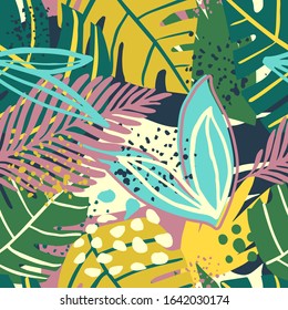 Seamless pattern with trendy exotic floral. Contemporary collage design vector illustration. Creative tropical hand drawn textures. Modern botanical wallpaper, fabric and packaging design. 