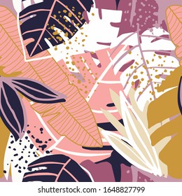 Diseño elegante con un moderno jardín floral exótico en un diseño de collage contemporáneo. Texturas creativas dibujadas a mano tropical. Diseño moderno de papel pintado, tela y embalaje. Ilustración del vector botánico