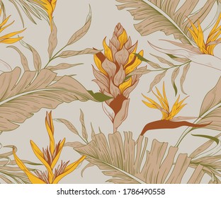 Seamless pattern with trendy exotic flowers and leaves
