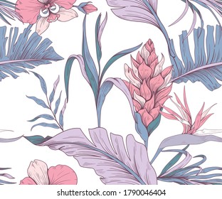Seamless pattern with trendy exotic flowers and leaves
