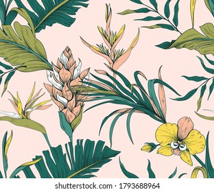 Seamless pattern with trendy exotic flowers and leaves
