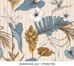 Seamless pattern with trendy exotic flowers and leaves
