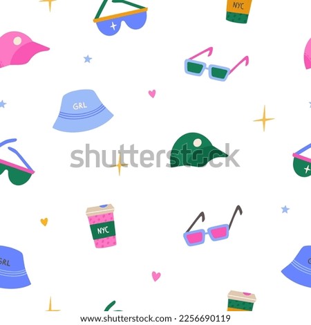 Seamless pattern with trendy fashion accessories. Colorful hand drawn background vector illustration. 