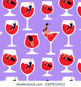 Seamless pattern with Trendy female characters swimming jumping into the glass.People suffering from hard drinking. Concept illustration with depressed characters sink in various alcohol glasses.