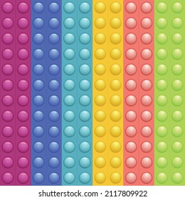 Seamless pattern with trendy game pop it, simple dimple. Rainbow fidget toy. Colorful antistress background. Doodle style. Bubbles popping square shape.