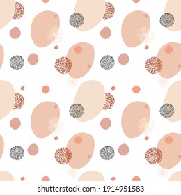 Seamless pattern with trendy geometric shapes, textures, brush strokes, abstract decorative elements.