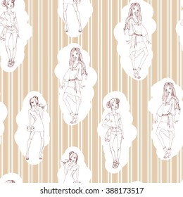 Seamless pattern with trendy girls. Vector ink drawn fashion illustration. Sketch style. For fabric design, wrapping and prints.