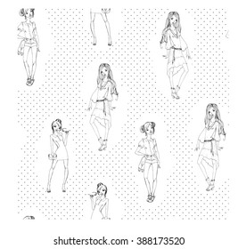 Seamless pattern with trendy girls. Vector ink drawn fashion illustration. Sketch style. For fabric design, wrapping and prints.
