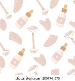 Seamless pattern trendy gua sha scraper, natural rose quartz crystal roll on face massager and face oil. Gua Sha skin care concept. Flat cartoon vector illustration. Isolated on white background. 