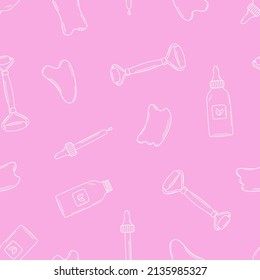 Patrón sin foco de los raperos de moda del sha hechos de piedra natural y aceite cosmético, masajeador de rodillos para el cuidado facial. Ilustración vectorial concepto de cuidado de la piel sobre fondo rosado.